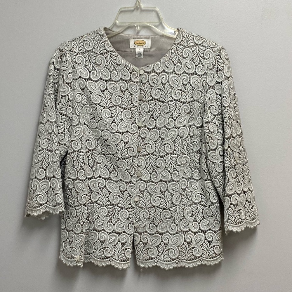 Talbots shimmery Silver & Gray Patterned formal Lace Top size 10